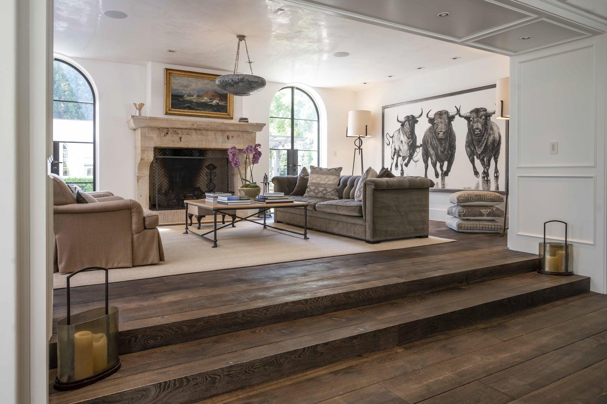 Transitional living room with dark hardwood flooring, light beige carpet, minimal furniture, floor-to-ceiling oval doors, and decorative fireplace (Zoomed out)