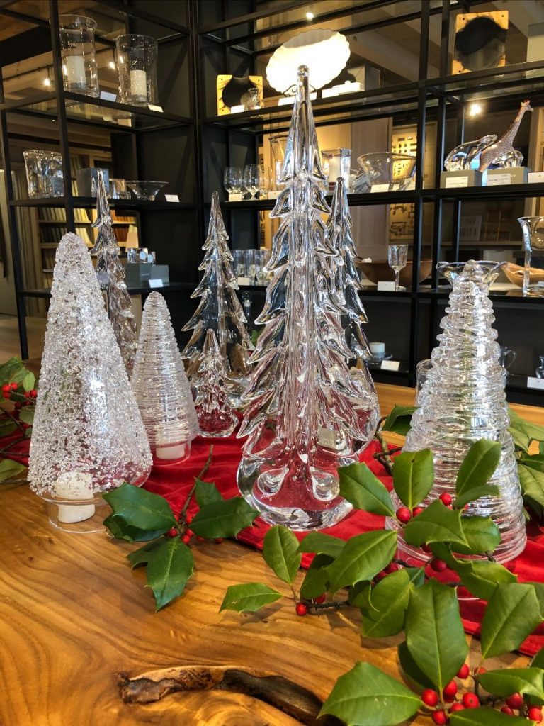 Simon Pearce Wintergreen trees at Sunnyfields Cabinetry showroom