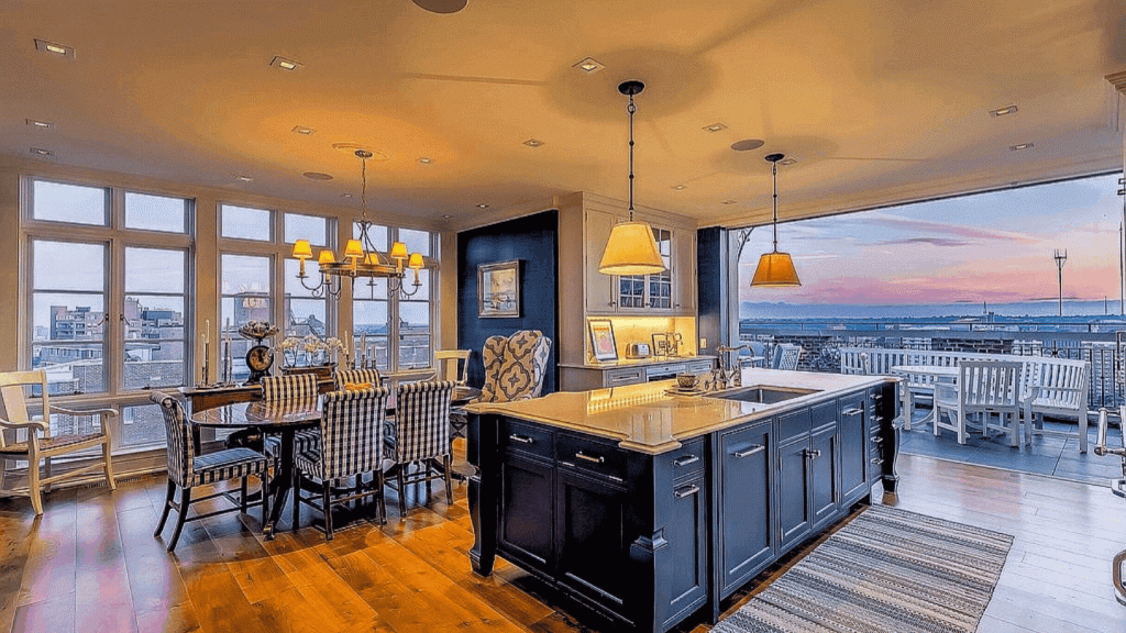 Transitional kitchen/dining room with medium hardwood flooring and custom navy island drawers and navy accent wall