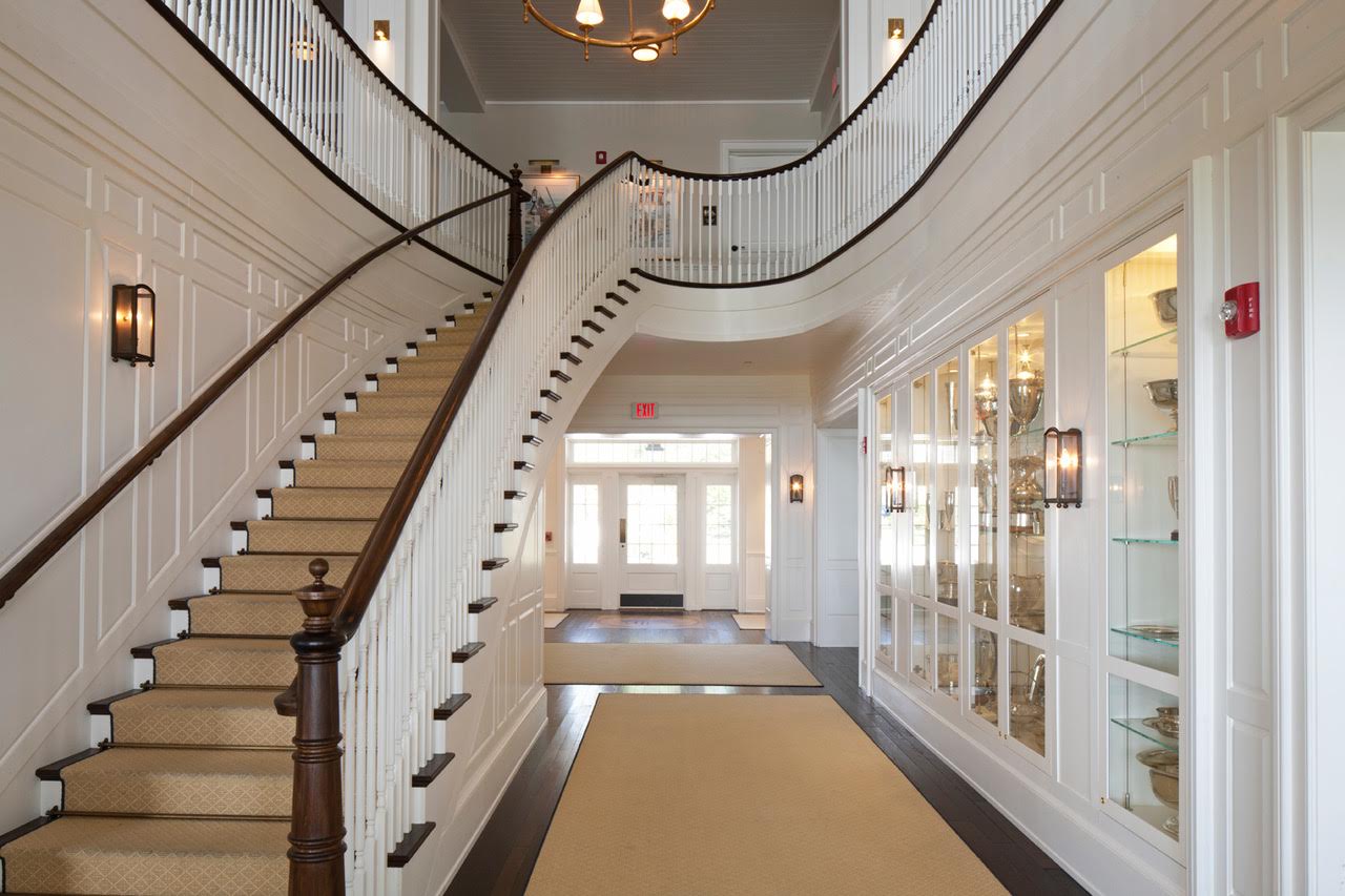 The main entry of the Gibson Island Club House on Gibson Island in Maryland renovated by Delbert Adams Construction Group, Commercial Construction division.